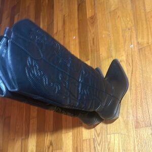 Knee length Black Embroidered Cowboy Boots